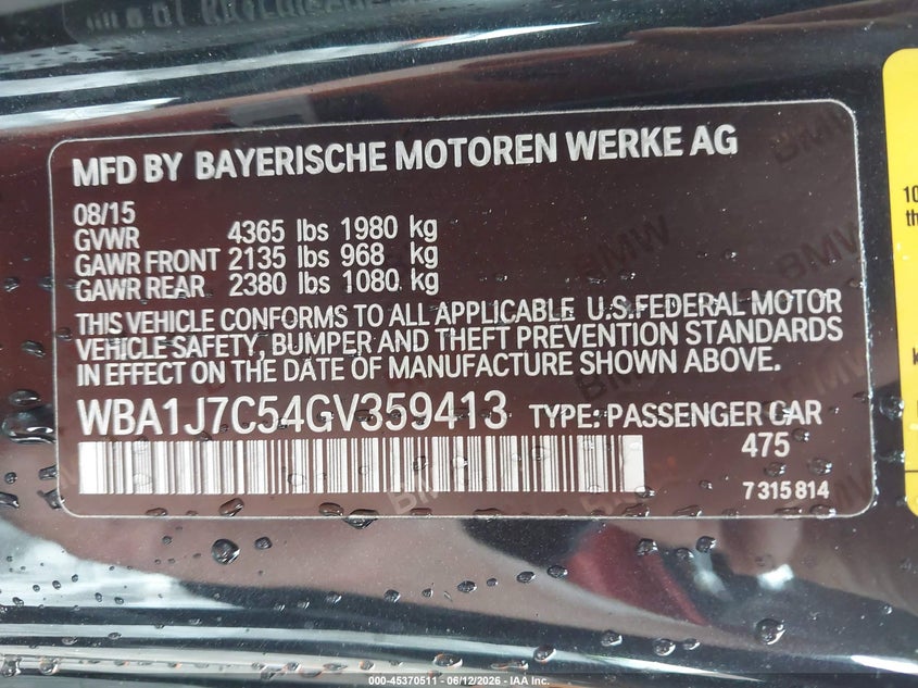 2016 BMW M2 VIN WBA1J7C54GV359413 IAAI salvage auction — LEFT FRONT, Salvage Title, sold $2,200 on 2026-08-09 (photo 9)