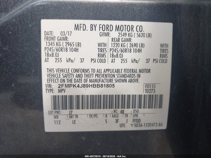 2017 Ford Edge VIN 2FMPK4J89HBB81805 IAAI salvage auction — HAIL, Salvage Title, sold $1,900 on 2026-07-09 (photo 9)
