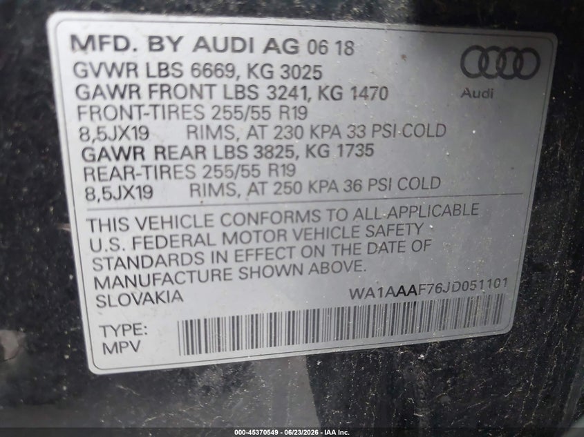 2018 Audi Q7 VIN WA1AAAF76JD051101 IAAI salvage auction — THEFT, Wait Title, sold $6,300 on 2026-09-06 (photo 9)