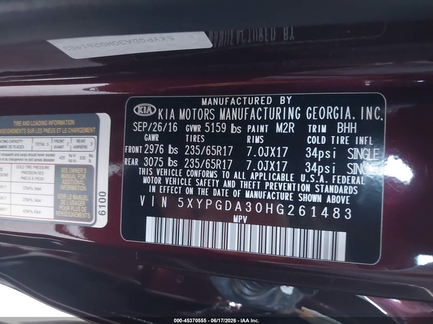 2017 Kia Sorento VIN 5XYPGDA30HG261483 IAAI salvage auction — FRONT END, Salvage Title, sold $1,600 on 2026-07-16 (photo 9)