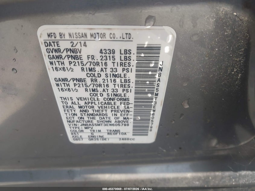 2014 Nissan Rogue VIN JN8AS5MT3EW605798 IAAI salvage auction — NORMAL WEAR, Clear (Tennessee), sold $400 on 2026-07-23 (photo 9)