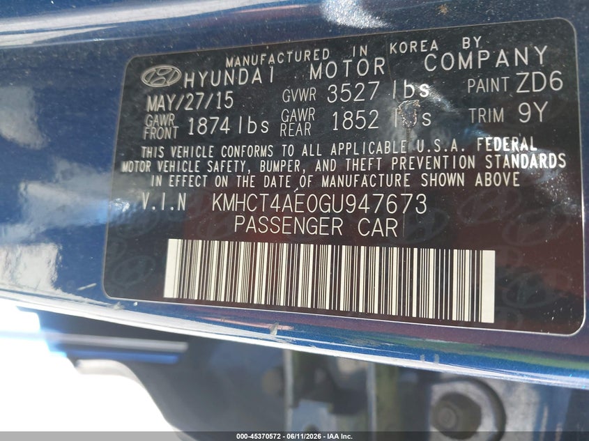 2016 Hyundai Accent VIN KMHCT4AE0GU947673 IAAI salvage auction — NORMAL WEAR, Clear (Tennessee), sold $575 on 2026-07-16 (photo 9)