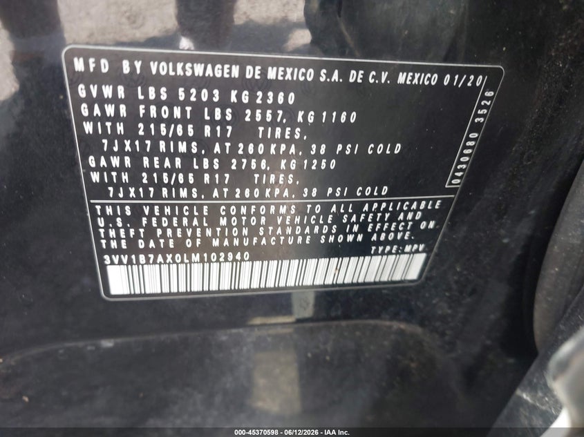 2020 Volkswagen Tiguan VIN 3VV1B7AX0LM102940 IAAI salvage auction — REAR END, Salvage (Louisiana), sold $2,250 on 2026-07-28 (photo 9)