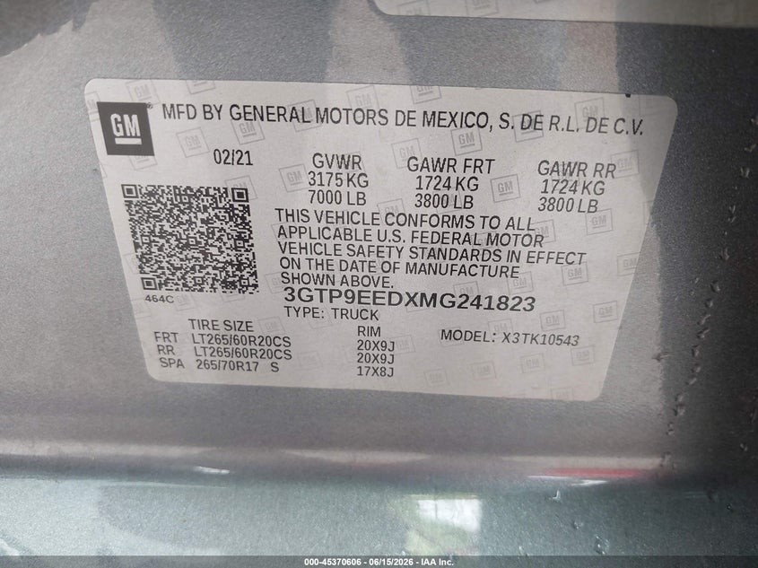 2021 Gmc SIERRA VIN 3GTP9EEDXMG241823 IAAI salvage auction — FRONT END, Salvage Title, sold $16,900 on 2026-08-27 (photo 9)