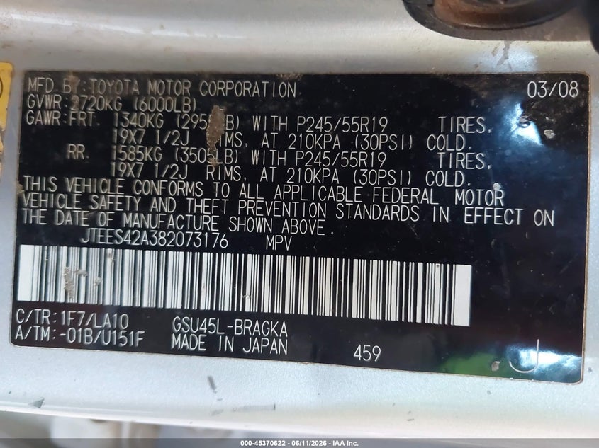 2008 Toyota Highlander VIN JTEES42A382073176 IAAI salvage auction — NORMAL WEAR, Clear - Dealer Only (California), sold $1,850 on 2026-07-21 (photo 9)