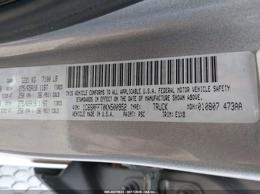 2019 Ram 1500 VIN 1C6SRFFT0KN500952 IAAI salvage auction — HAIL, Clear (Wisconsin), sold $12,000 on 2026-07-29 (photo 9)