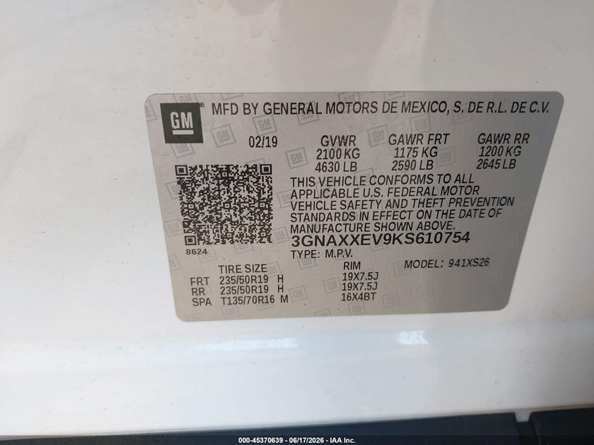 2019 Chevrolet Equinox VIN 3GNAXXEV9KS610754 IAAI salvage auction — FRONT END, Salvage Title, sold $5,500 on 2026-07-30 (photo 9)