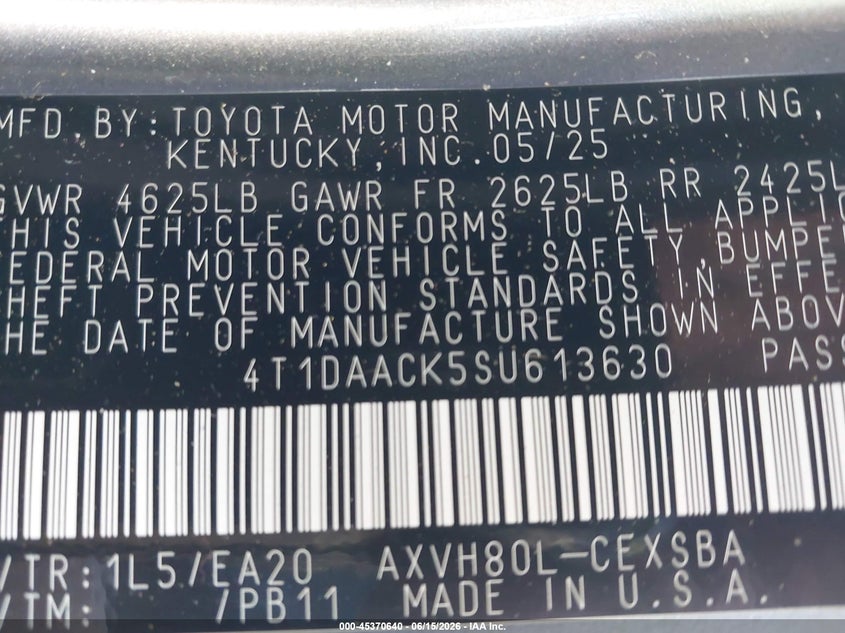 2025 Toyota Camry VIN 4T1DAACK5SU613630 IAAI salvage auction — FRONT END, Salvage Title, sold $9,000 on 2026-07-29 (photo 9)