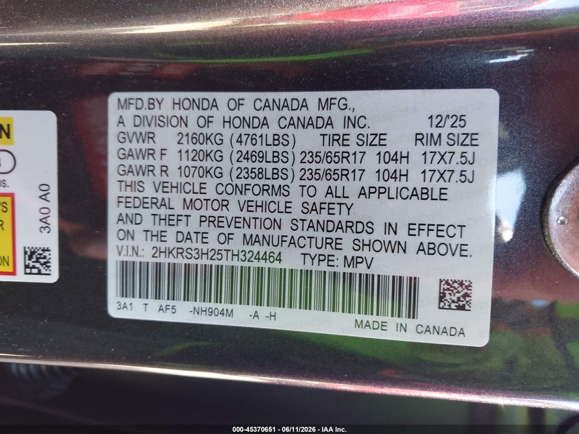 2026 Honda Cr-v VIN 2HKRS3H25TH324464 IAAI salvage auction — FRONT END, Salvage Title, sold $8,000 on 2026-07-29 (photo 9)