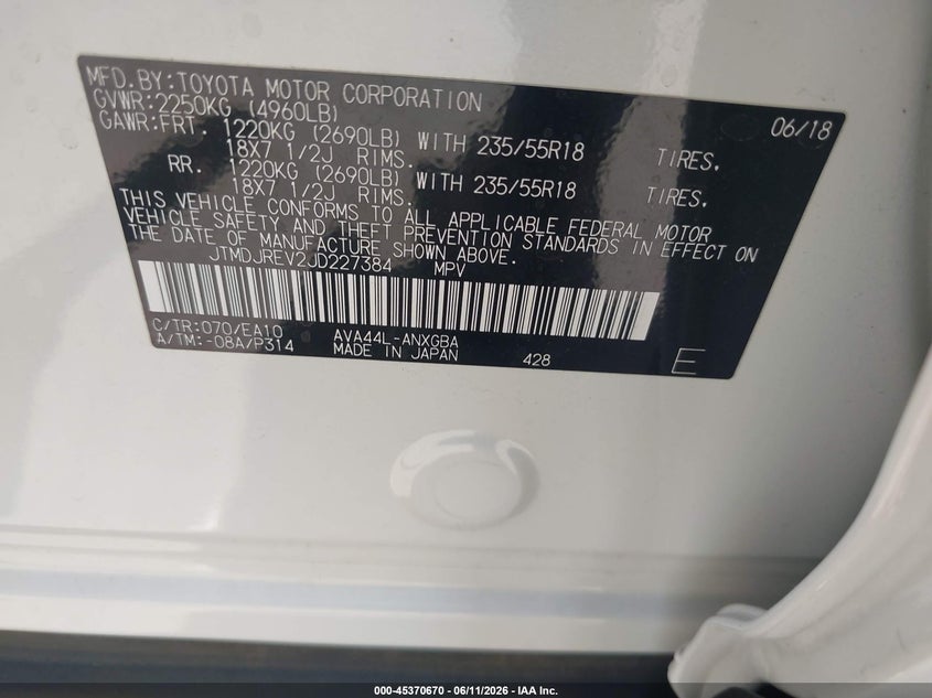 2018 Toyota VIN JTMDJREV2JD227384 IAAI salvage auction — FRONT END, Salvage (Arizona), sold $9,350 on 2026-07-07 (photo 9)