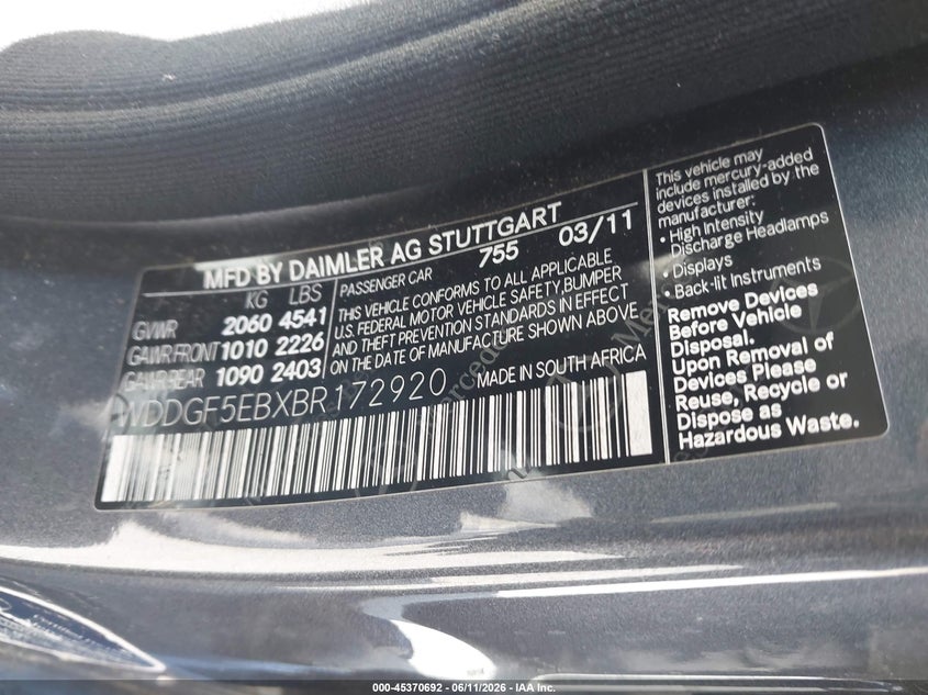 2011 Mercedes-benz C class VIN WDDGF5EBXBR172920 IAAI salvage auction — NORMAL WEAR, App For Dup Clear (California), sold $300 on 2026-07-30 (photo 9)