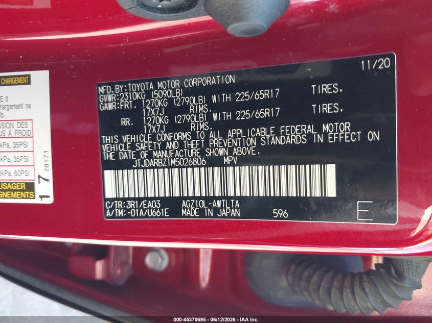 2021 Lexus Nx VIN JTJDARBZ1M5026806 IAAI salvage auction — FRONT & REAR, Salvage (Virginia), sold $7,075 on 2026-07-28 (photo 9)