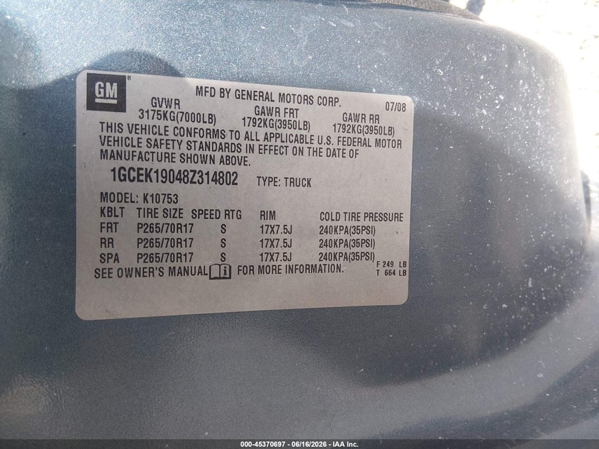 2008 Chevrolet Silverado 1500 VIN 1GCEK19048Z314802 IAAI salvage auction — FRONT & REAR, Salvage (Kentucky), sold $650 on 2026-07-09 (photo 9)