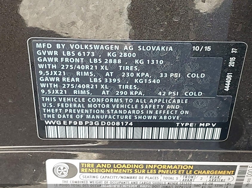2016 Volkswagen Touareg VIN WVGEF9BP3GD008174 IAAI salvage auction — FRONT END, Clear (Indiana), sold $975 on 2026-07-18 (photo 9)