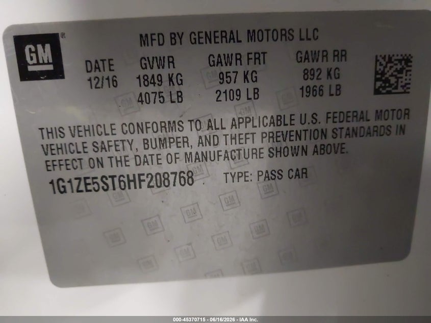 2017 Chevrolet Malibu VIN 1G1ZE5ST6HF208768 IAAI salvage auction — FRONT & REAR, Salvage (Iowa), sold $1,050 on 2026-07-09 (photo 9)