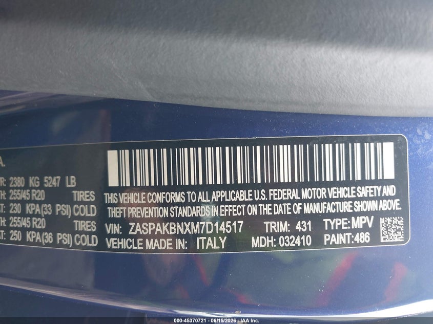 2021 Alfa romeo Stelvio VIN ZASPAKBNXM7D14517 IAAI salvage auction — RIGHT FRONT, Salvage (Massachusetts), sold $25 on 2026-07-28 (photo 9)
