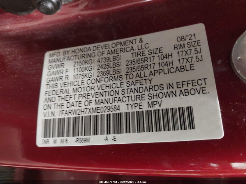 2021 Honda Cr-v VIN 7FARW2H7XME029584 IAAI salvage auction — FRONT END, Salvage Title, sold $6,500 on 2026-07-23 (photo 9)
