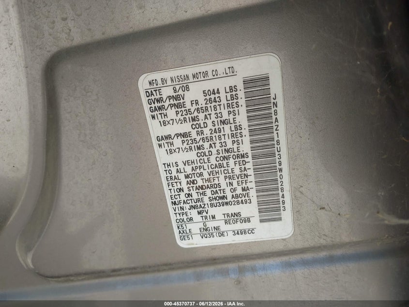 2009 Nissan Murano VIN JN8AZ18U39W028493 IAAI salvage auction — NORMAL WEAR, Clear - Dealer Only (California), sold $550 on 2026-07-07 (photo 9)