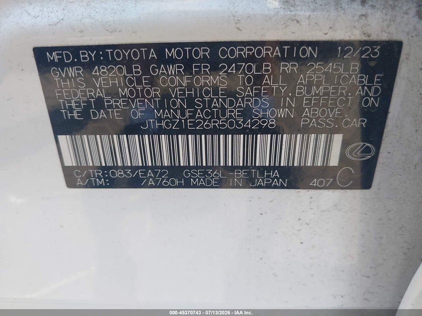 2024 Lexus Is VIN JTHGZ1E26R5034298 IAAI salvage auction — UNKNOWN, Salvage (New Jersey), sold $24,200 on 2026-07-21 (photo 9)