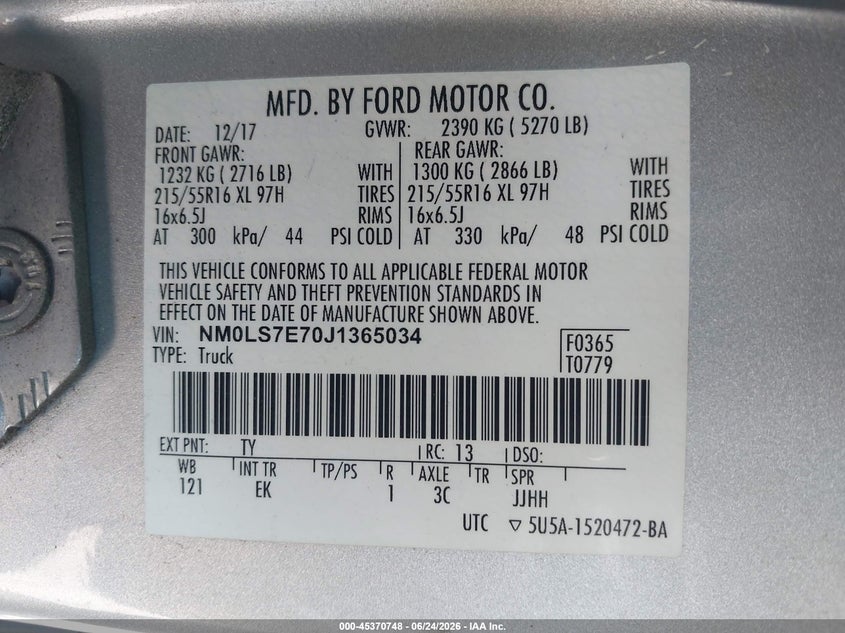 2018 Ford Transit VIN NM0LS7E70J1365034 IAAI salvage auction — SIDE, Mv-907A (New York), sold $1,300 on 2026-07-28 (photo 9)