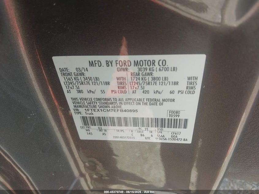 2014 Ford F-150 VIN 1FTEX1CM7EFB40895 IAAI salvage auction — SIDE, Salvage (Georgia), sold $1,800 on 2026-07-11 (photo 9)