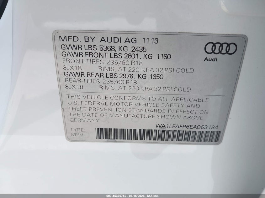2014 Audi Q5 VIN WA1LFAFP6EA063184 IAAI salvage auction — NORMAL WEAR, Clear (Washington), sold $1,000 on 2026-07-29 (photo 9)
