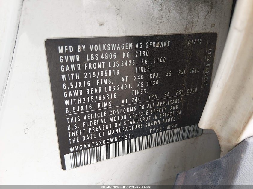 2012 Volkswagen Tiguan VIN WVGAV7AX0CW561211 IAAI salvage auction — NORMAL WEAR, Original (Texas), sold $875 on 2026-07-07 (photo 9)
