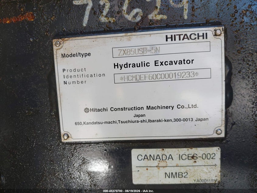 2019 Hitachi Zx85-5 compact excavator VIN HCMDEF60C00019233 IAAI salvage auction — Burn Engine, Bill Of Sale -  Non Motor Vehicle (California), sold $2,600 on 2026-07-22 (photo 9)