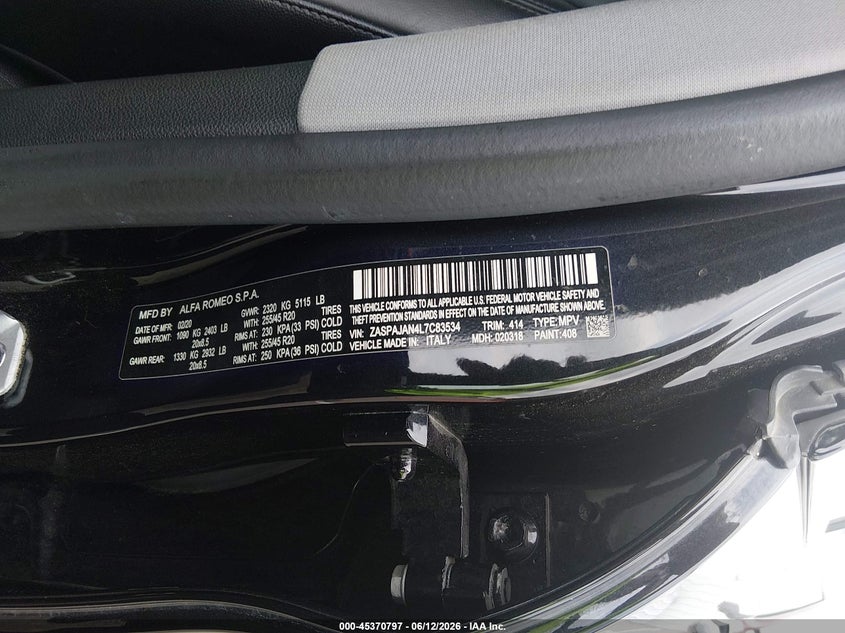 2020 Alfa romeo Stelvio VIN ZASPAJAN4L7C83534 IAAI salvage auction — RIGHT FRONT, Salvage Title, sold $7,300 on 2026-07-28 (photo 9)
