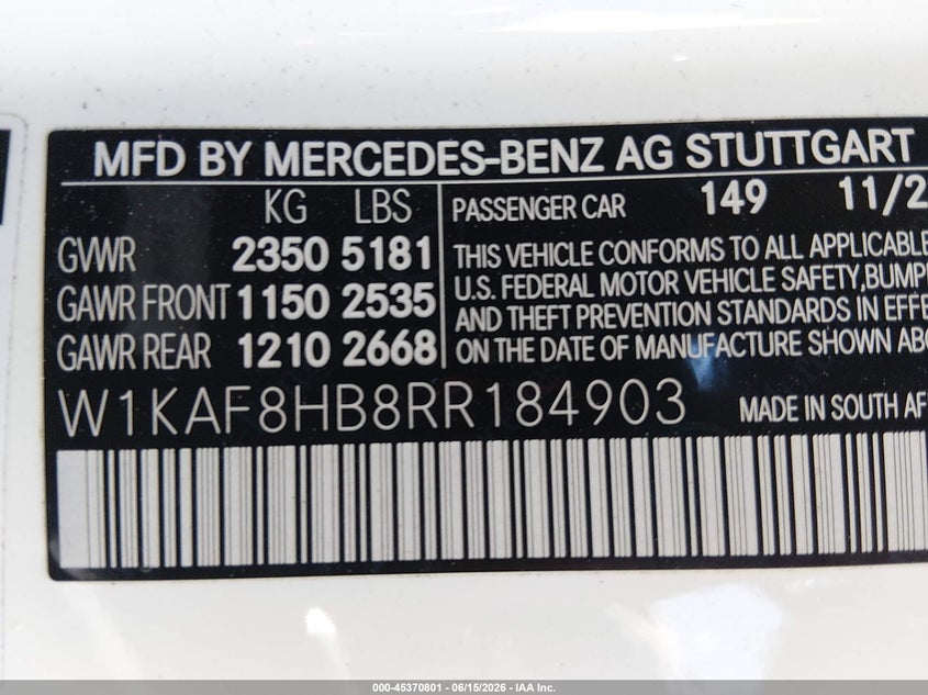 2024 Mercedes-Benz C-Class VIN W1KAF8HB8RR184903 IAAI salvage auction — Side, Salvage (Nevada), sold $25,000 on 2026-07-08 (photo 9)