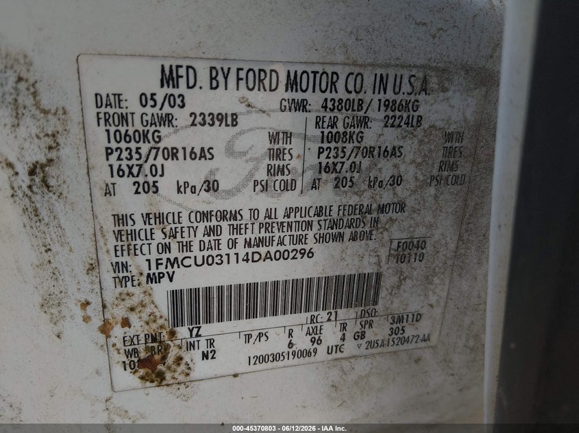 2004 Ford Escape VIN 1FMCU03114DA00296 IAAI salvage auction — NORMAL WEAR, Clear (Georgia), sold $275 on 2026-07-09 (photo 9)