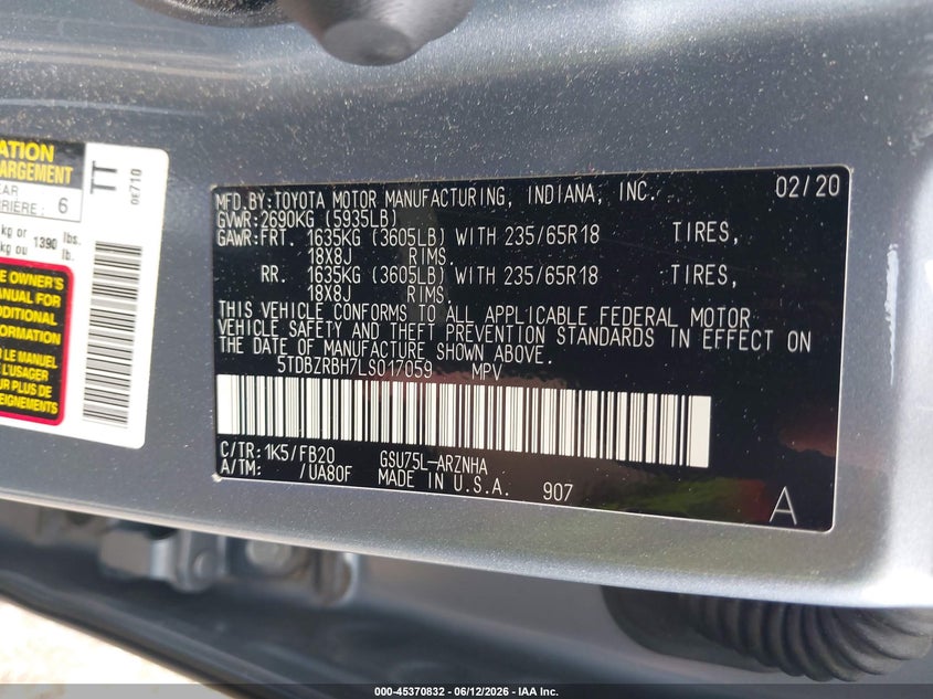 2020 Toyota Highlander VIN 5TDBZRBH7LS017059 IAAI salvage auction — LEFT FRONT, Salvage (Massachusetts), sold $9,700 on 2026-07-23 (photo 9)