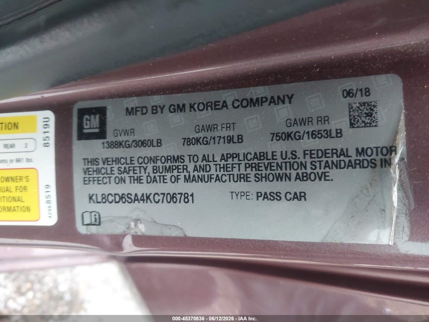 2019 Chevrolet Spark VIN KL8CD6SA4KC706781 IAAI salvage auction — NORMAL WEAR, Original (Texas), sold $900 on 2026-07-15 (photo 9)