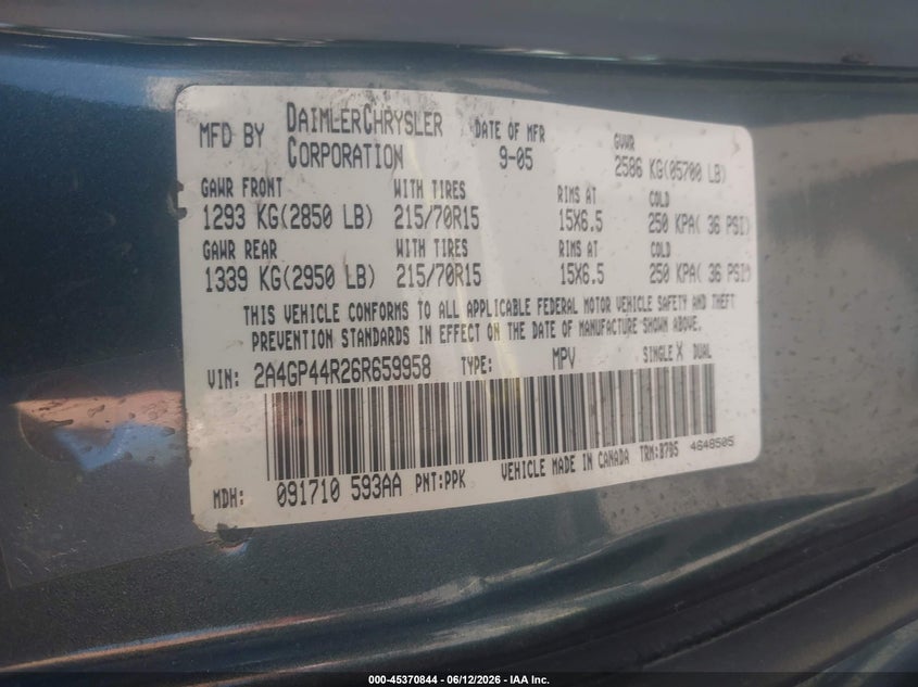 2006 Chrysler Town & country VIN 2A4GP44R26R659958 IAAI salvage auction — REAR END, Clear (Utah), sold $275 on 2026-07-09 (photo 9)