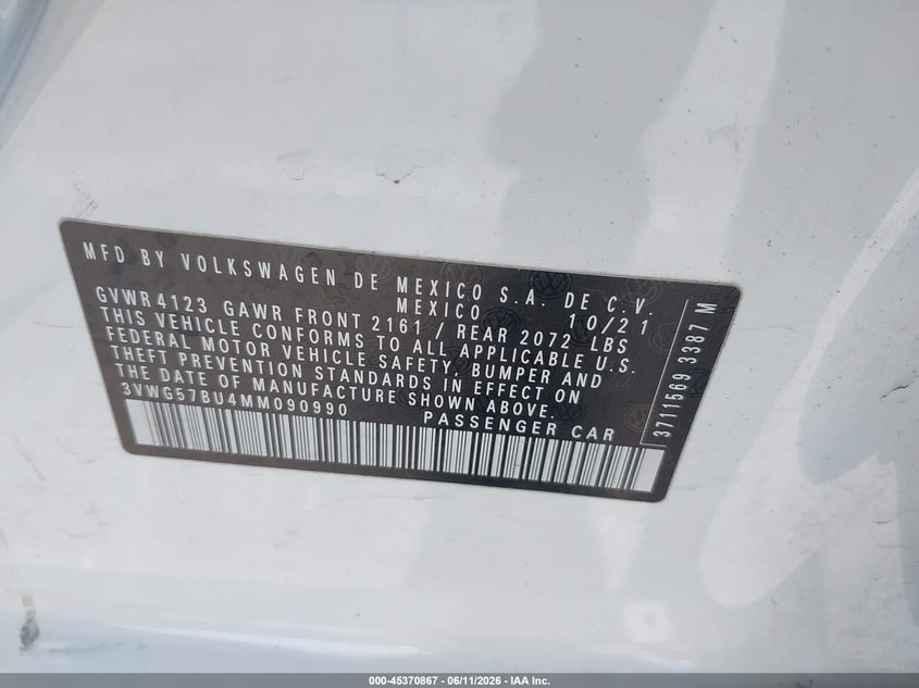 2021 Volkswagen Jetta VIN 3VWG57BU4MM090990 IAAI salvage auction — LEFT FRONT, Salvage (Arizona), sold $7,600 on 2026-07-28 (photo 9)