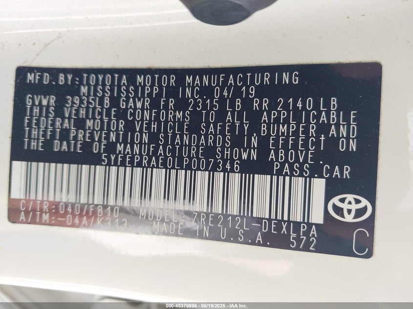 2020 Toyota Corolla VIN 5YFEPRAE0LP007346 IAAI salvage auction — SIDE, Salvage (Mississippi), sold $3,050 on 2026-07-17 (photo 9)