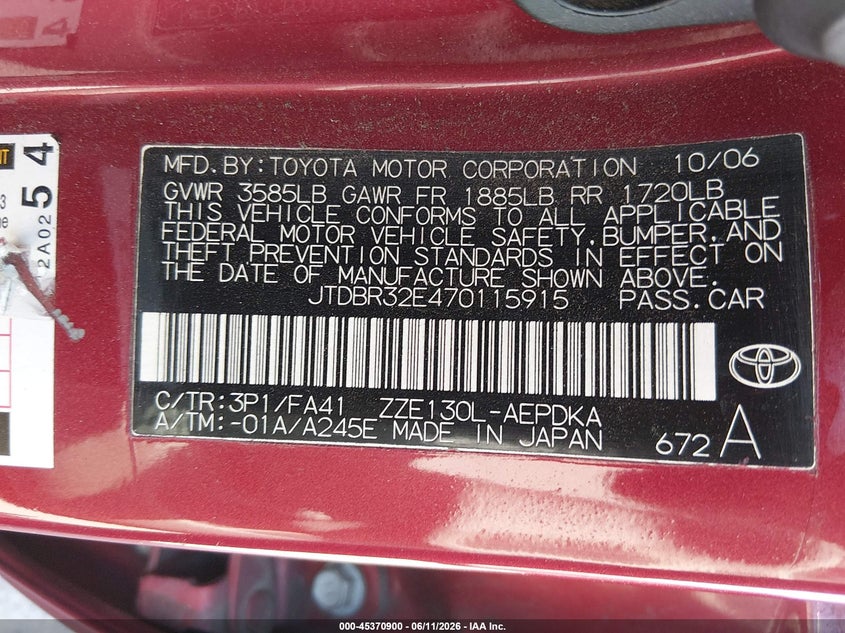 2007 Toyota Corolla VIN JTDBR32E470115915 IAAI salvage auction — NORMAL WEAR, Clear - Dealer Only (California), sold $550 on 2026-07-08 (photo 9)