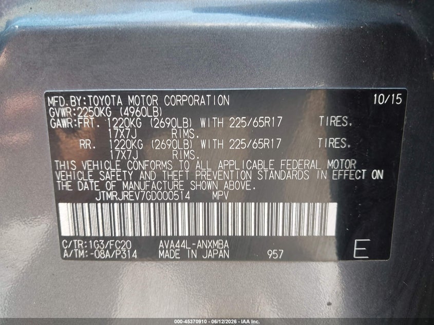 2016 Toyota Rav 4 VIN JTMRJREV7GD000514 IAAI salvage auction — FRONT & REAR, Certificate Of Destruction (Florida), sold $1,525 on 2026-07-21 (photo 9)