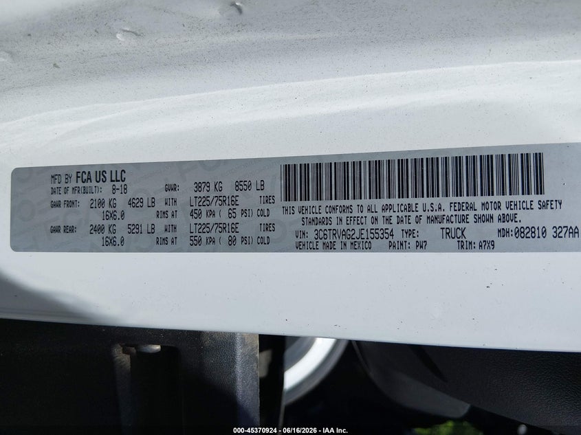 2018 Ram Promaster city VIN 3C6TRVAG2JE155354 IAAI salvage auction — ENGINE DAMAGE, Salvage (Connecticut), sold $900 on 2026-08-15 (photo 9)