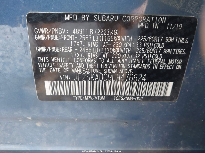 2020 Subaru Forester VIN JF2SKADC9LH476624 IAAI salvage auction — FRONT END, Salvage (Mississippi), sold $2,475 on 2026-07-10 (photo 9)