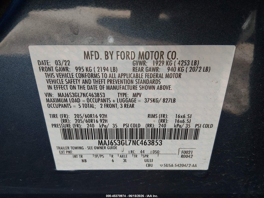 2022 Ford Ecosport VIN MAJ6S3GL7NC463853 IAAI salvage auction — FRONT END, Salvage (Ohio), sold $725 on 2026-07-28 (photo 9)