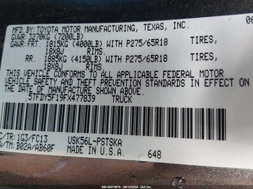 2015 Toyota Tundra VIN 5TFDY5F19FX477839 IAAI salvage auction — RIGHT SIDE, Salvage (Missouri), sold $9,600 on 2026-07-23 (photo 9)