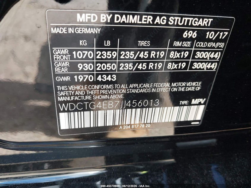2018 Mercedes-benz Gla-klasse VIN WDCTG4EB7JJ456013 IAAI salvage auction — LEFT FRONT, Original (Texas), sold $4,150 on 2026-07-29 (photo 9)