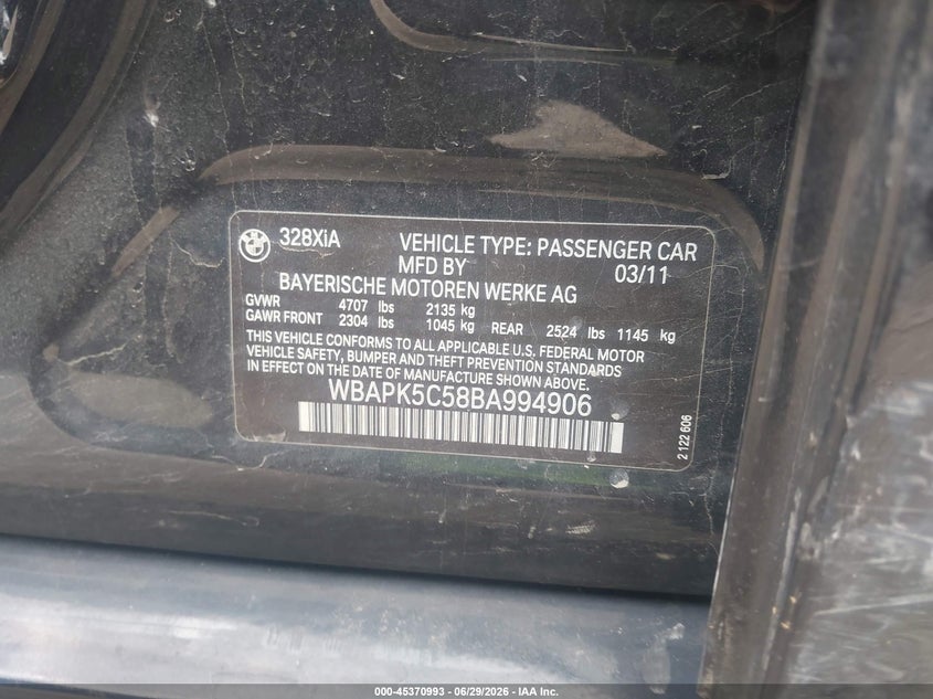 2011 BMW 3 series VIN WBAPK5C58BA994906 IAAI salvage auction — LEFT SIDE, Junk Bill Of Sale Mv2459 (Wisconsin), sold $1,050 on 2026-07-07 (photo 9)