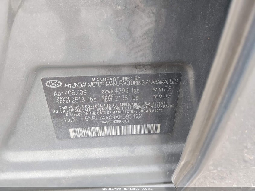 2010 Hyundai Sonata VIN 5NPET4AC9AH585422 IAAI salvage auction — NORMAL WEAR, Clear (Virginia), sold $525 on 2026-07-14 (photo 9)