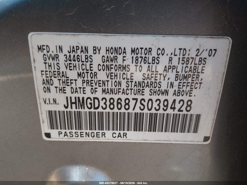2007 Honda Fit VIN JHMGD38687S039428 IAAI salvage auction — HAIL, Salvage (Missouri), sold $350 on 2026-07-13 (photo 9)