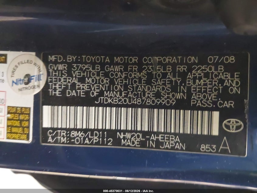 2008 Toyota Prius VIN JTDKB20U487809909 IAAI salvage auction — NORMAL WEAR, Clear-Dealer Only (Arizona), sold $325 on 2026-07-21 (photo 9)