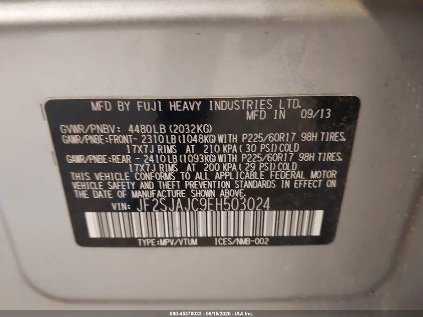 2014 Subaru Forester VIN JF2SJAJC9EH503024 IAAI salvage auction — FRONT END, Clear (Michigan), sold $225 on 2026-07-14 (photo 9)