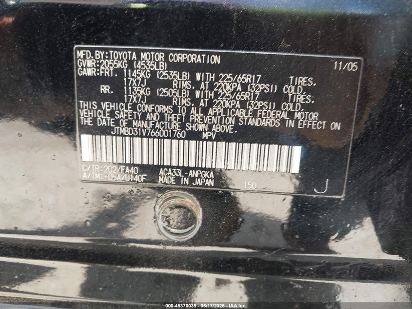 2006 Toyota Rav 4 VIN JTMBD31V766001760 IAAI salvage auction — REAR END, Salvage (Massachusetts), sold $975 on 2026-07-28 (photo 9)