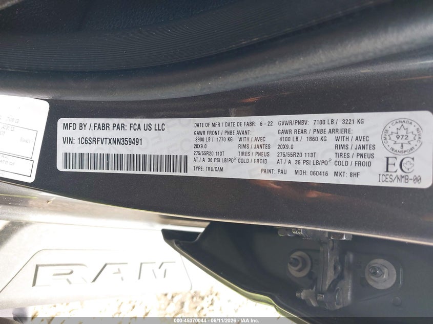 2022 Ram 1500 VIN 1C6SRFVTXNN359491 IAAI salvage auction — FRONT END, Salvage Title, sold $10,100 on 2026-07-30 (photo 9)